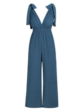 NWT Cider Blue Tie Shoulder Plunge Neck High Waist Wide Leg Jumpsuit Medium